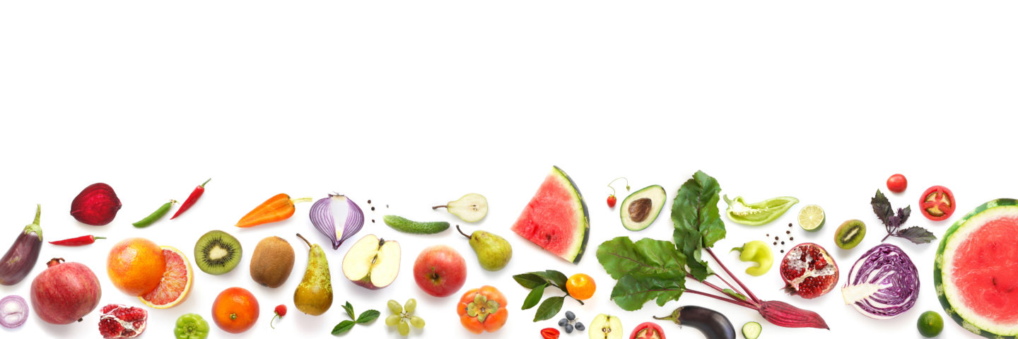 Banner from various vegetables and fruits isolated on white background ...